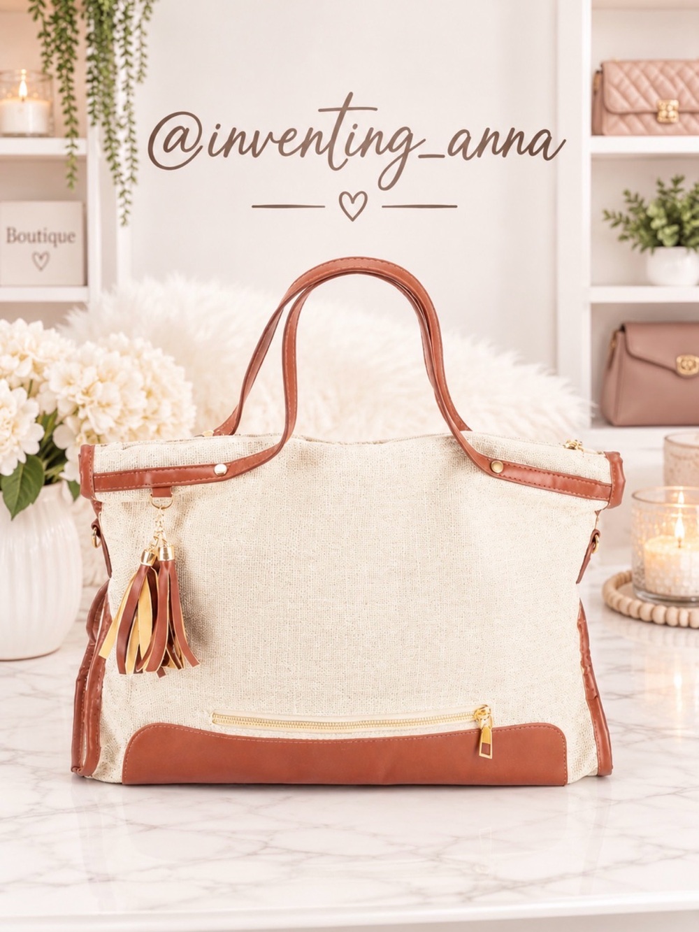 Large Cream Colored Tweed Tote w/Tan Faux Leather, Crossbody and Gold Hardware